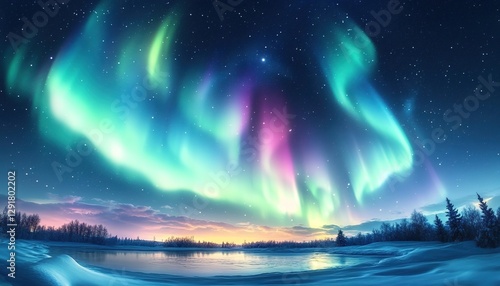 Wallpaper Mural A breathtaking view of the Northern Lights dancing above an icy landscape, with vibrant green and purple lights swirling in the sky over snow-covered fields. Torontodigital.ca