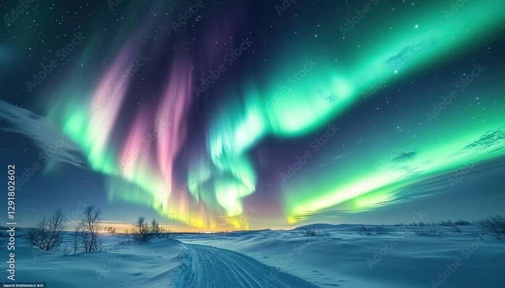 A breathtaking view of the Northern Lights dancing above an icy landscape, with vibrant green and purple lights swirling in the sky over snow-covered fields. A breathtaking view of the Northern Lights dancing above an icy landscape, with vibrant green and purple lights swirling in the sky over snow-covered fields.