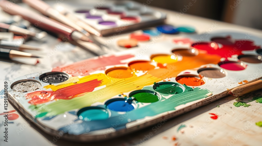 The image captures a colorful artist's palette filled with vibrant watercolors, surrounded by brushes and art materials, reflecting a creative and expressive workspace.  