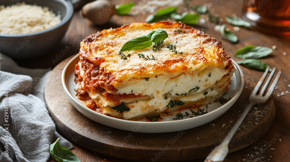 Italian pie and mash fusion, with a lasagna-inspired layered filling, parmesan-dusted mash, and a basil garnish Italian pie and mash fusion, with a lasagna-inspired layered filling, parmesan-dusted mash, and a basil garnish