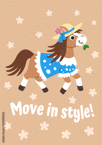 Cartoon children's greeting card for birthday and other holidays. Cute horse galloping on a floral background. Positive inscription and wish Move in style.