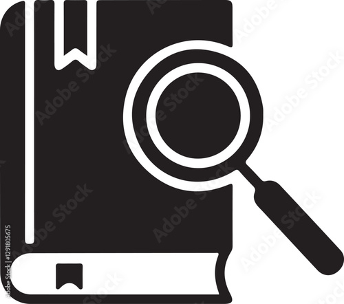 Minimalist Vector Book Icon with Magnifying Glass Knowledge Search, Education, Research
