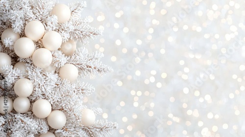 White Christmas tree ornaments, bokeh background, holiday card