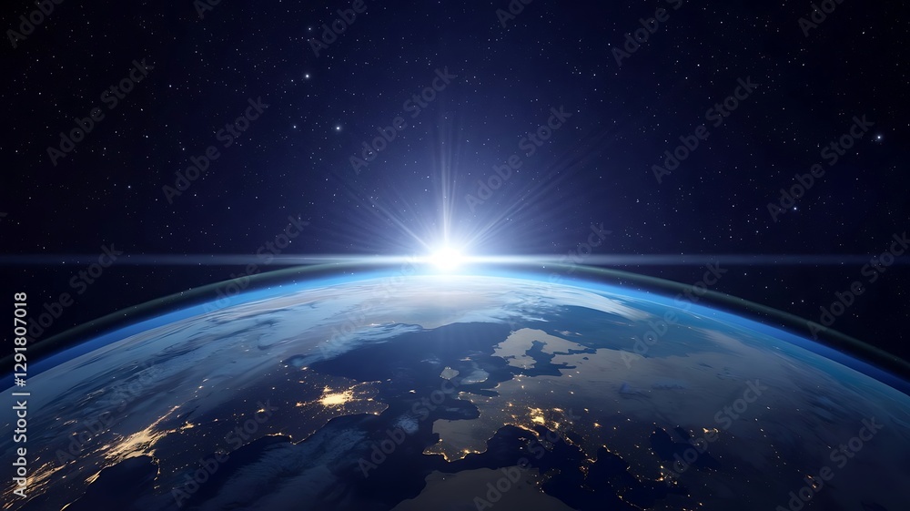 Obraz premium earth, planet, space, sunrise, horizon, universe, cosmos, globe, atmosphere, outer space, sunlight, astronomy, world, orbit, blue planet, galaxy, stars, cosmic, earth from space, global view, earth