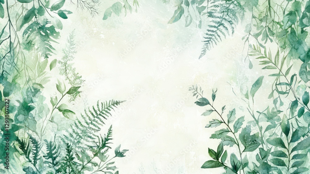 A watercolor botanical design with delicate ferns and vines A watercolor botanical design with delicate ferns and vines