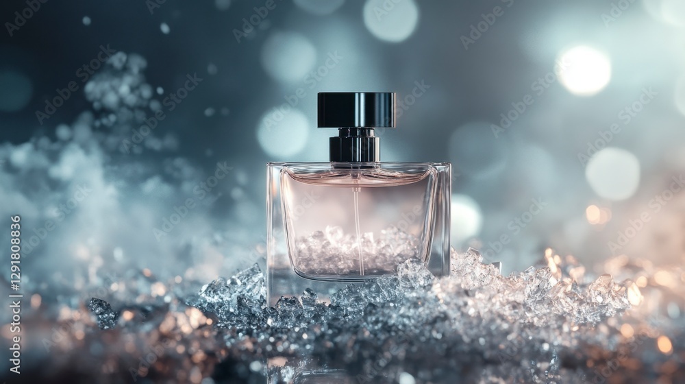 Elegant Perfume on Ice Crystals, Luxury Scent Presentation Elegant Perfume on Ice Crystals, Luxury Scent Presentation