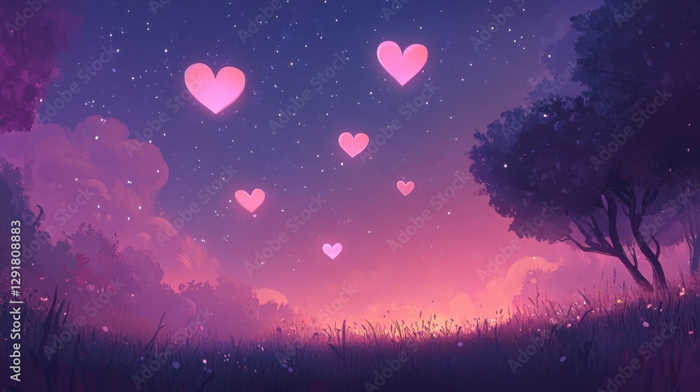 Fototapeta premium Enchanting Night Landscape with Glowing Hearts and Pastel Sky, fantasy