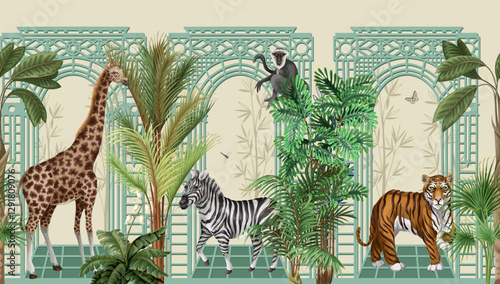 Border with architectural arch, portal, animals and tropic trees. Vector.