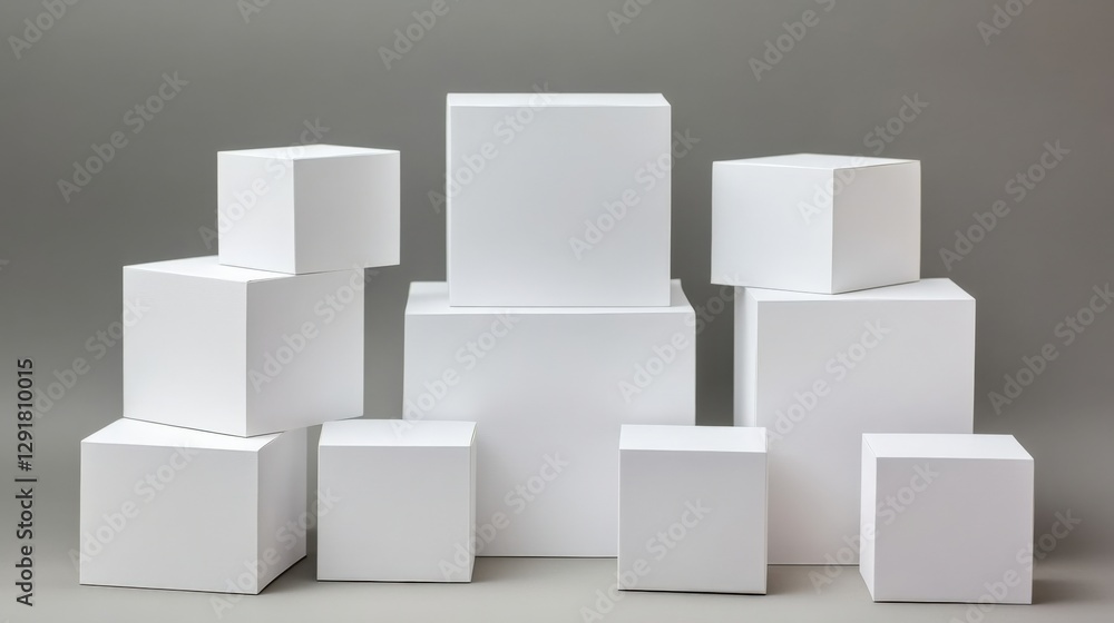A collection of white geometric boxes arranged artistically against a neutral background A collection of white geometric boxes arranged artistically against a neutral background