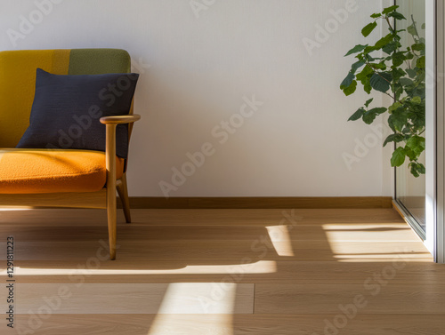 Cozy modern living room with colorful armchair and indoor plant in natural light