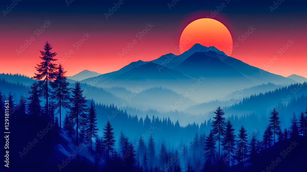 Fototapeta premium Vibrant sunset over misty mountain range