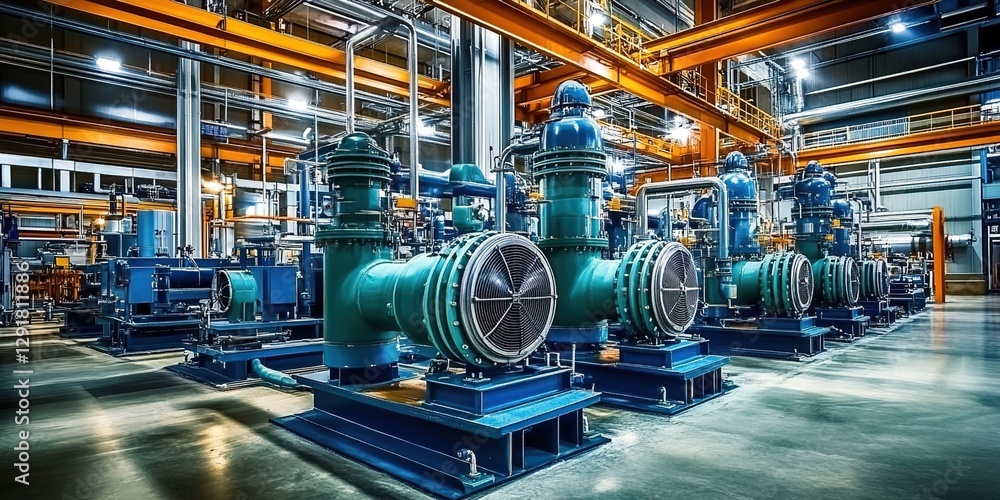 A photograph of large green and blue water pumps, equipment in an industrial building with high ceilings, surrounded by pipes and other machinery. A photograph of large green and blue water pumps, equipment in an industrial building with high ceilings, surrounded by pipes and other machinery.