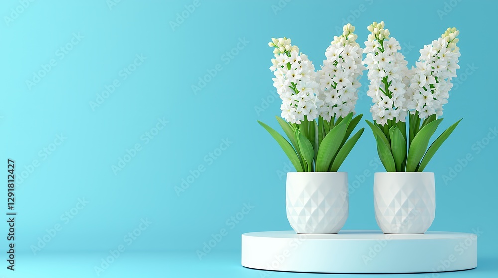 White Hyacinths in Geometric Pots on Light Blue Background White Hyacinths in Geometric Pots on Light Blue Background