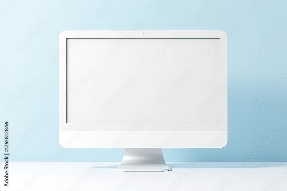 Modern White Computer Monitor on Light Blue Background Mockup
