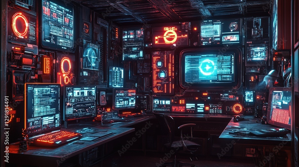 Analog computer room filled with neon screens and flashing lights, retrofuturistic vibes Analog computer room filled with neon screens and flashing lights, retrofuturistic vibes