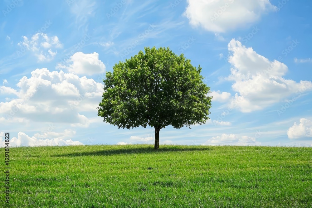 Obraz premium Lonely tree in vast field, blank background.
