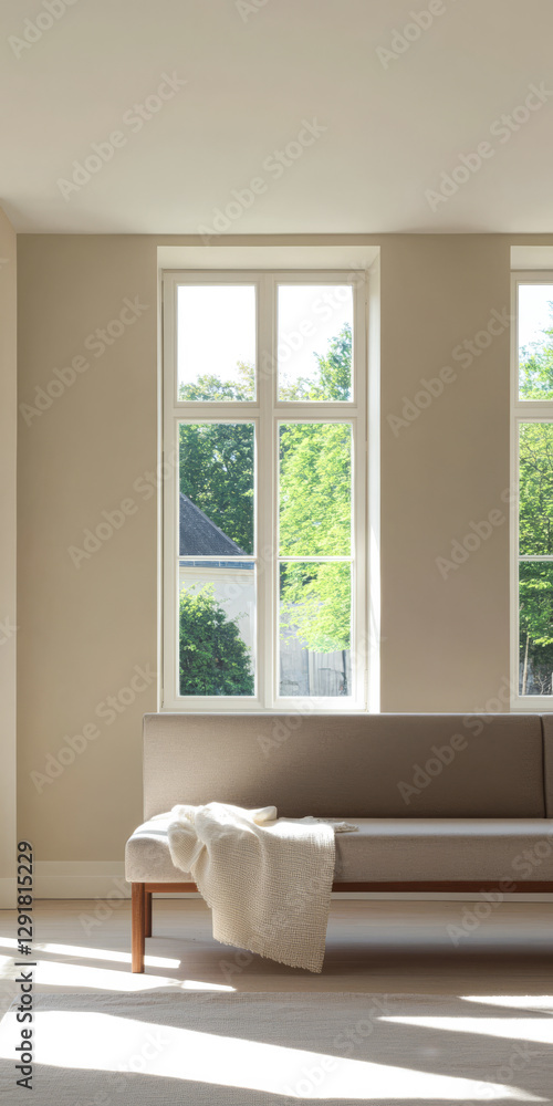 Fototapeta premium Bright and airy living space with modern couch and natural light from large windows