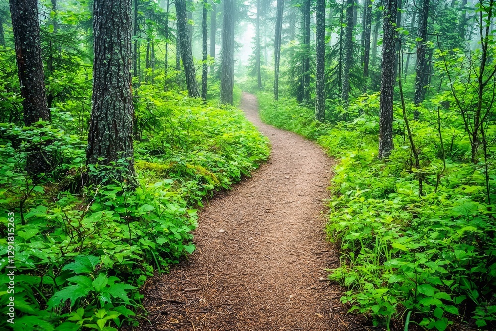 Lonely path through forest with mist, space for text. Lonely path through forest with mist, space for text.