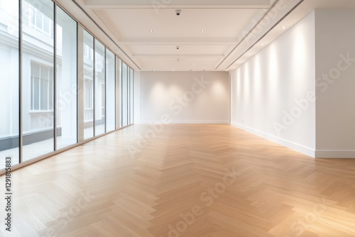 empty gallery room with herringbone wood floors and large windows.