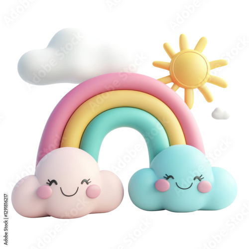 Cute rainbow with smiling clouds and sun, perfect for children decor