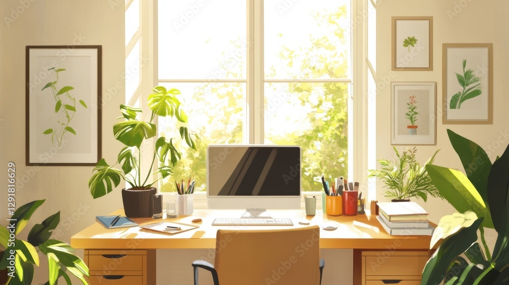 Fototapeta premium Bright Home Office with Desk, Computer, and Plants - Interior Scene
