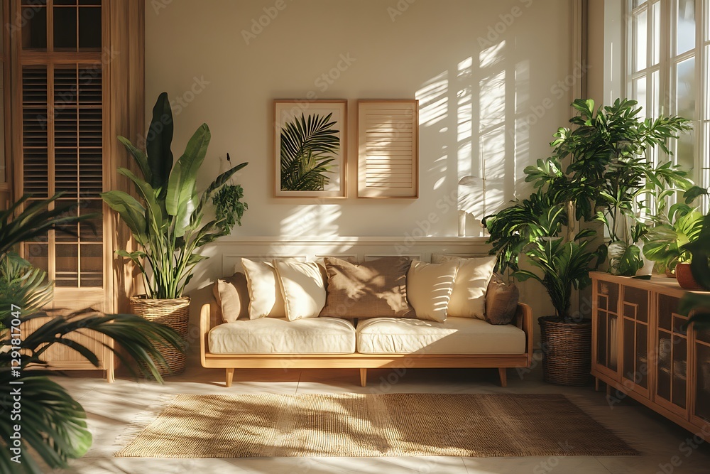 Fototapeta premium Beautiful Modern Living room Interior with furniture's ,mockup frame , posters, wall -3d Rendering