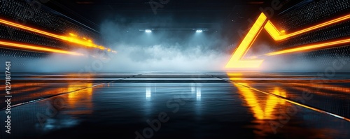 Futuristic neon tunnel, smoky, reflective floor, background lights. Game design