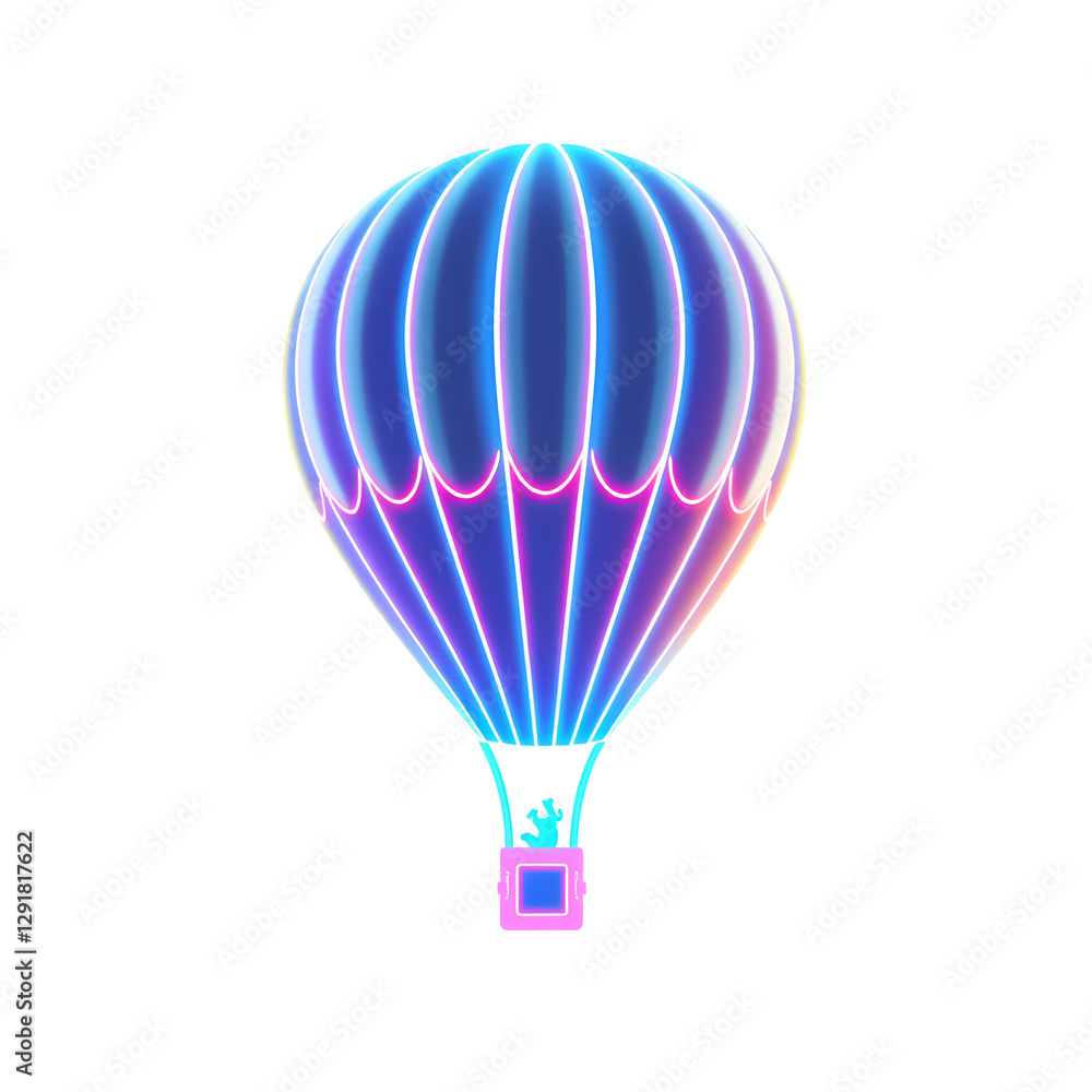 Fototapeta premium Hot air balloon holographic 3D icon. neon symbol vector illustration isolated on white background. Generative AI