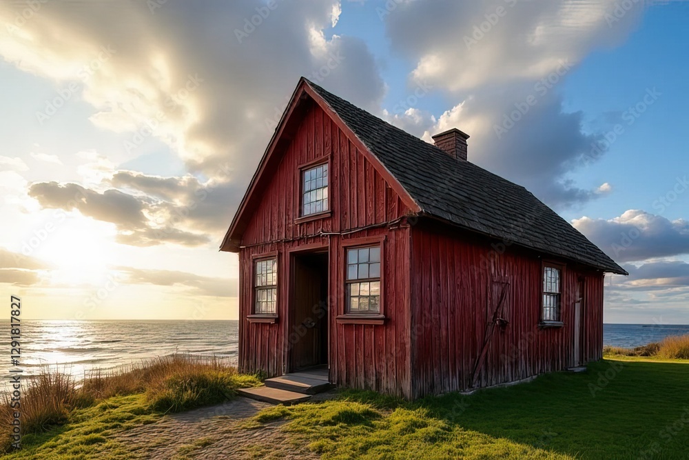 Obraz premium Picturesque Red Wooden Coastal Cottage at Sunset