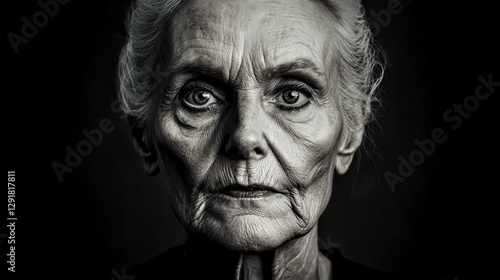 Close up black and white portrait of senior woman showing wrinkles