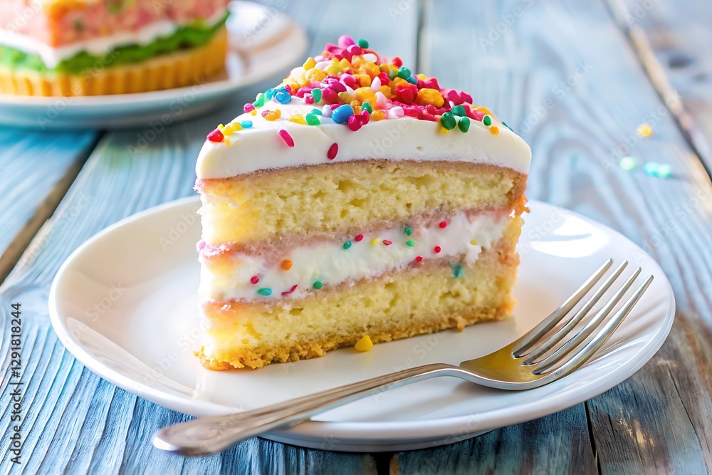 Slice of vanilla cake with colorful sprinkles on top in a plate Slice of vanilla cake with colorful sprinkles on top in a plate