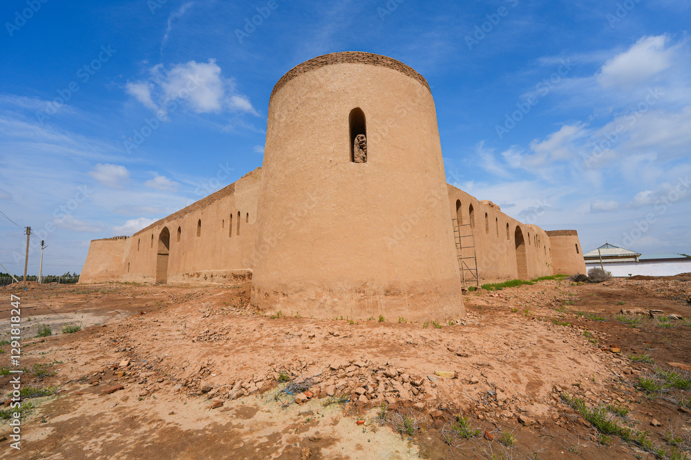 Fortified wall of the Qirqqiz Fortress, the first Islamic Academy for girls located on the outskirts of Termiz in the Surxondaryo region of Uzbekistan, Central Asia Fortified wall of the Qirqqiz Fortress, the first Islamic Academy for girls located on the outskirts of Termiz in the Surxondaryo region of Uzbekistan, Central Asia