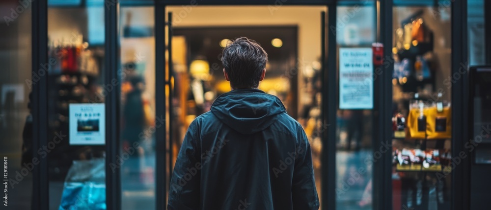 A person stands poised to enter a bustling, warmly-lit store, suggesting anticipation and urban exploration. A person stands poised to enter a bustling, warmly-lit store, suggesting anticipation and urban exploration.