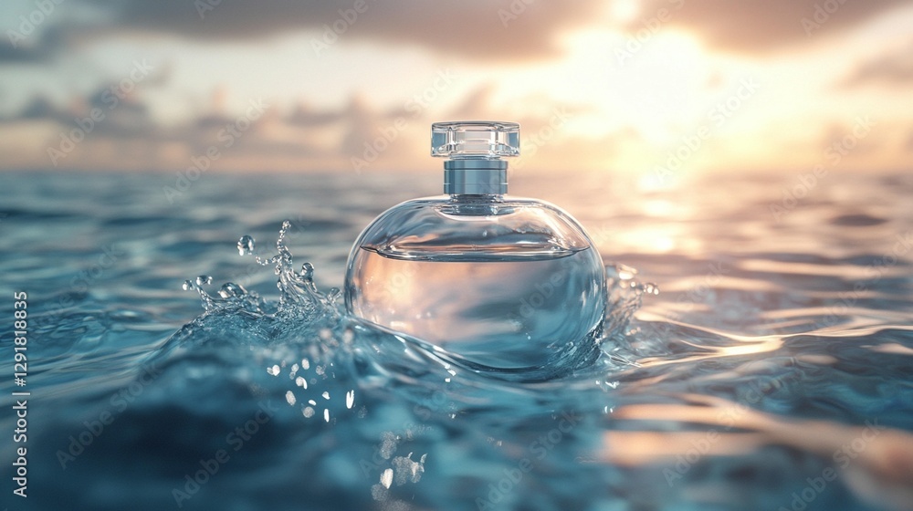 Perfume bottle floats on ocean waves at sunset. Perfume bottle floats on ocean waves at sunset.