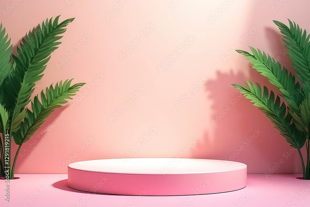 Obraz premium Pink Product Display Podium with Tropical Plants Background