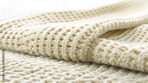 Close-up of ivory knitted fabric, folded, soft texture, white background, for cozy textiles use