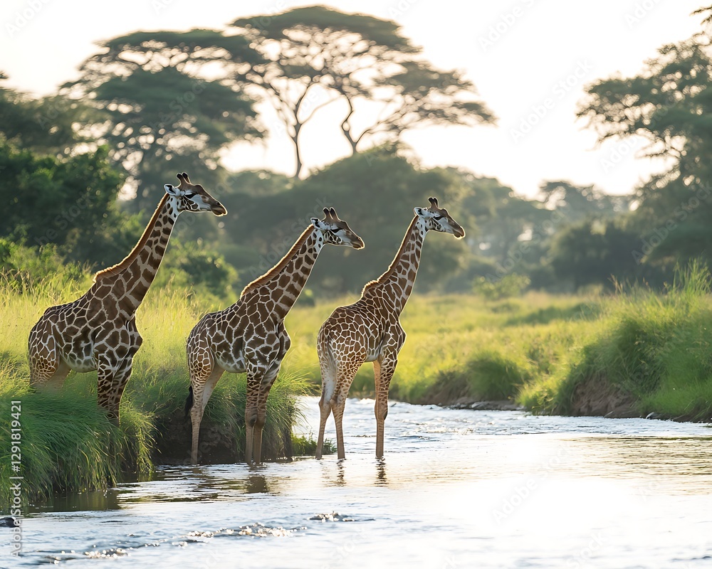 Obraz premium Giraffes drinking, river, savanna, sunset