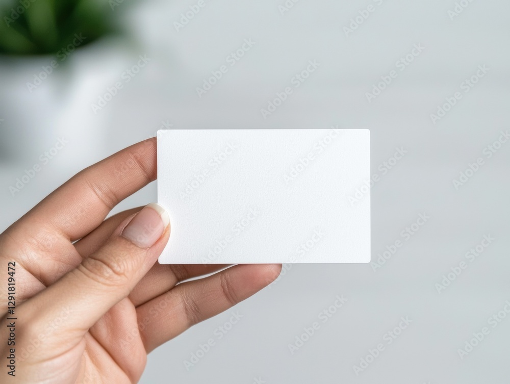 Obraz premium Hand holding blank business card in minimalist office setting