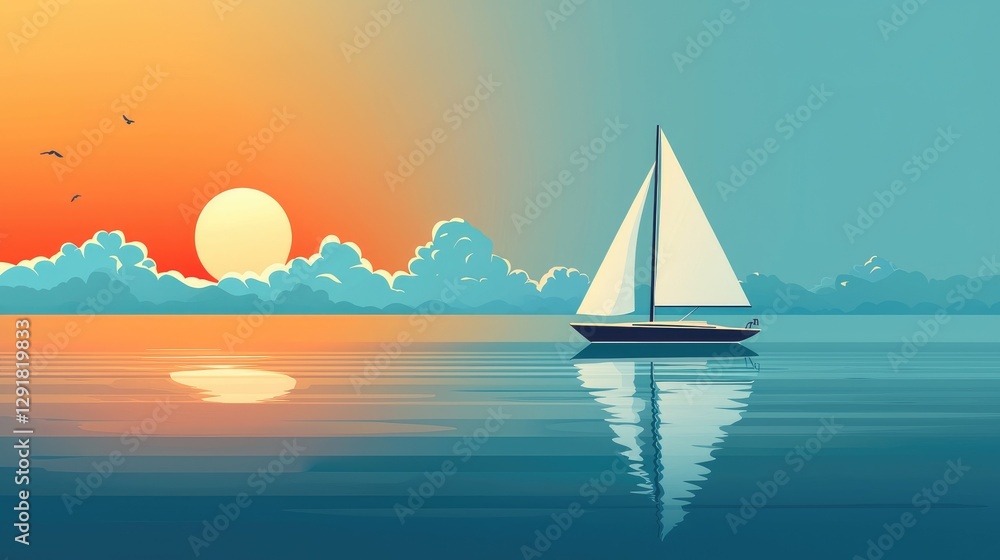 Fototapeta premium Serene Sunset with Sailboat on Calm Water in Tranquil Landscape