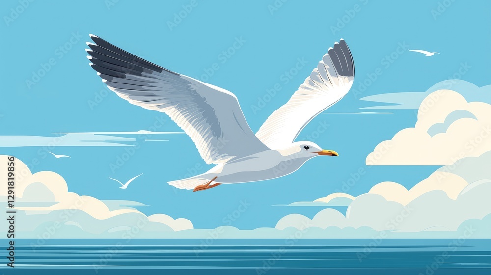 Obraz premium Seagull in Flight Over Calm Ocean with Blue Sky and Clouds