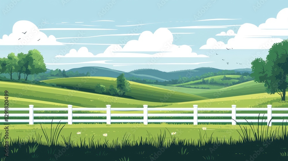 Fototapeta premium Lush Green Hills Under Bright Sky with White Fence and Trees