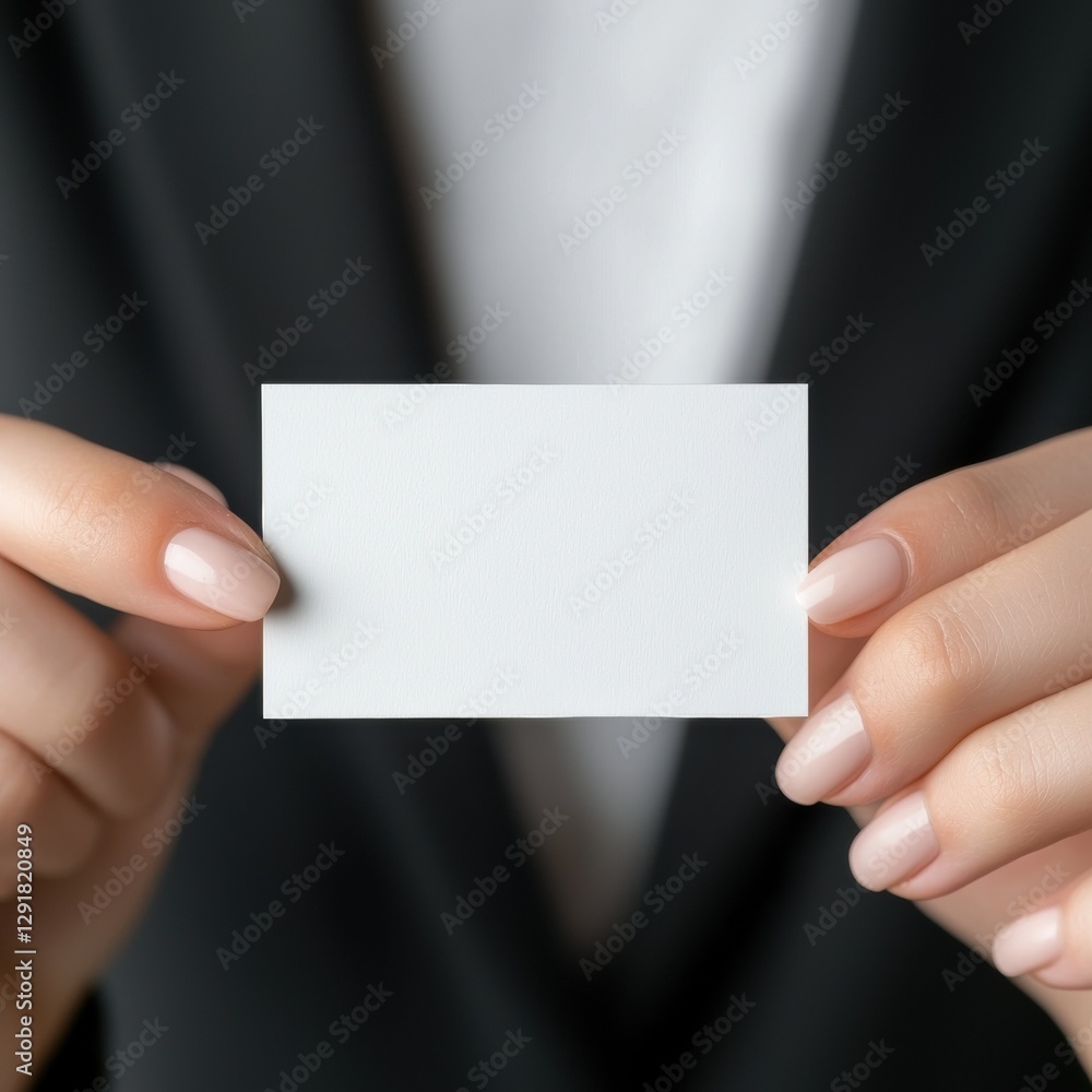 Blank business card held by professional hands in suit for branding and identity Blank business card held by professional hands in suit for branding and identity