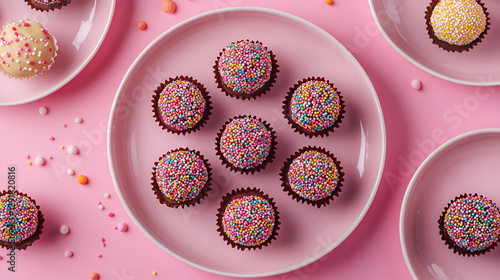 Colorful brigadiers on a pink plate photo