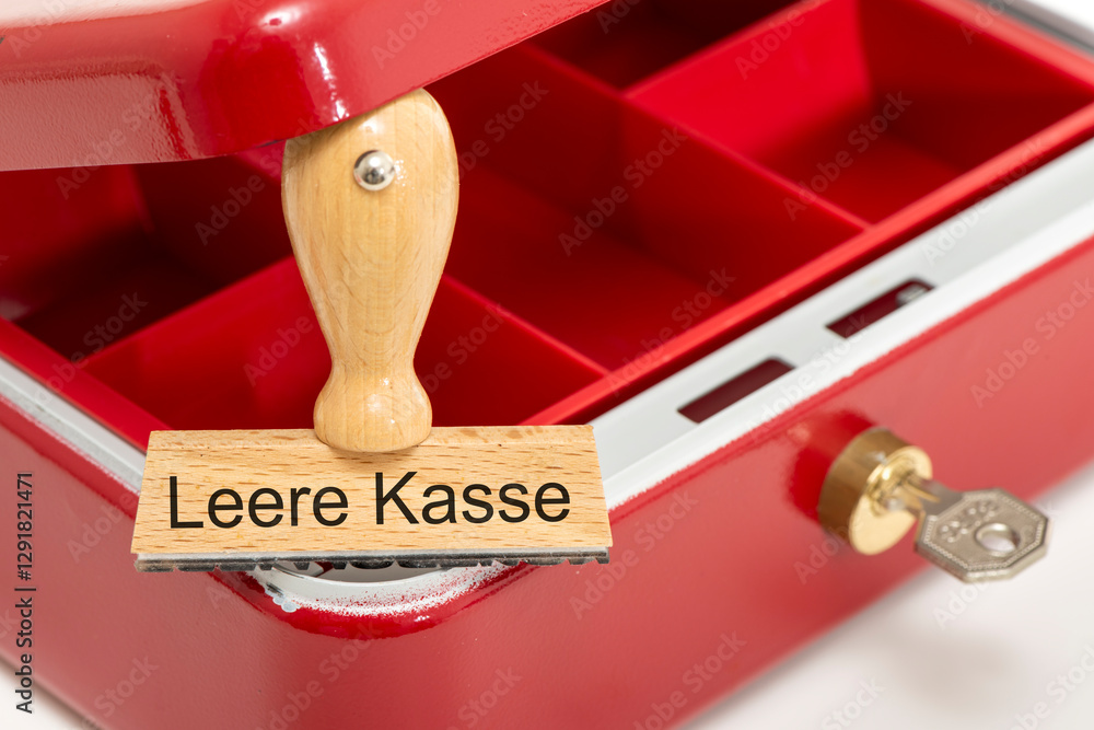 Eine leere Geldkasse und ein Stempel mit der Aufschrift: Leere Kasse