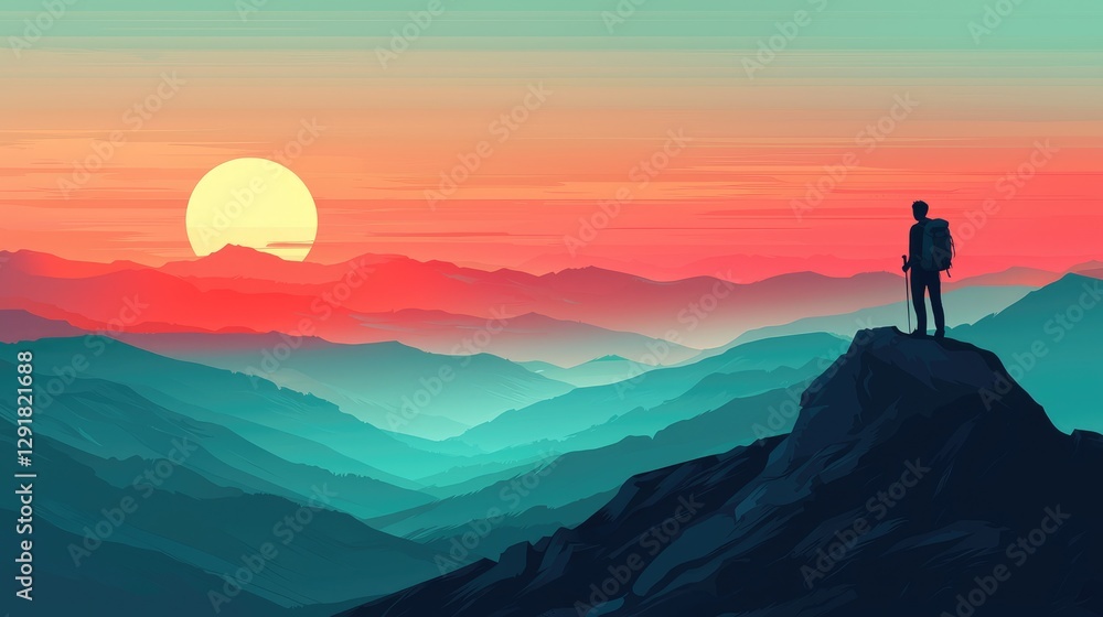 Hiker Standing on Rocky Mountain Peak at Sunset with Vivid Sky Hiker Standing on Rocky Mountain Peak at Sunset with Vivid Sky