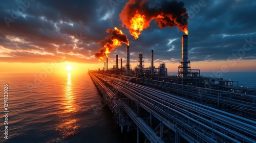 Dramatic industrial sunset over oil refinery by the sea with fiery emissions