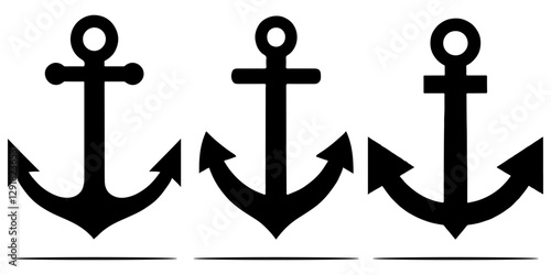 Three black silhouette anchor icons vector with varying fluke shapes, arranged in a row against a white background.