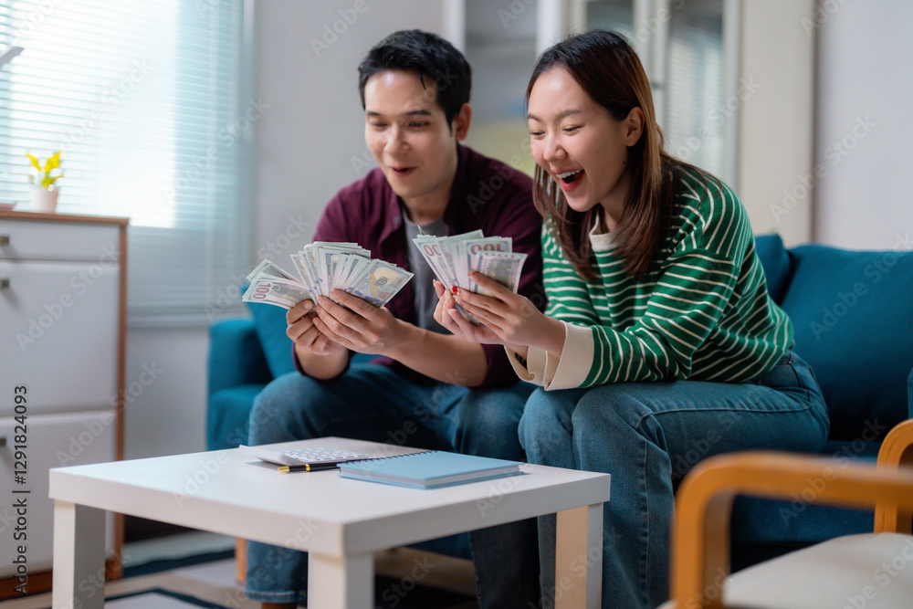 Excited Couple Counting Money on Sofa at Home Excited Couple Counting Money on Sofa at Home