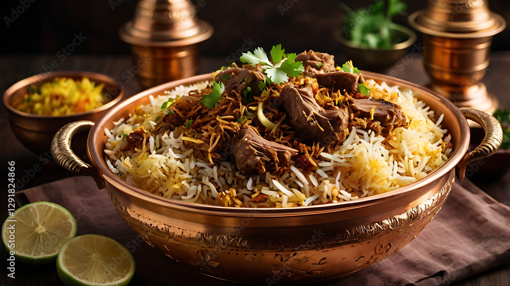 Royal Mutton Biryani with Fragrant Basmati Rice and Indian Spices Served in a Traditional Copper Handi Royal Mutton Biryani with Fragrant Basmati Rice and Indian Spices Served in a Traditional Copper Handi