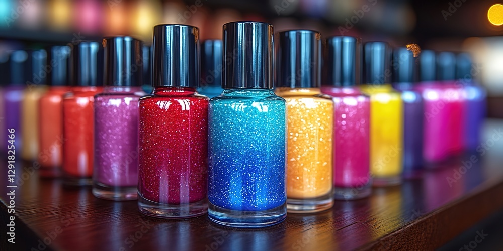 Colorful nail polish bottles arranged in rows on a wooden table, vibrant and colorful nail polishes of various colors displayed in the background Colorful nail polish bottles arranged in rows on a wooden table, vibrant and colorful nail polishes of various colors displayed in the background